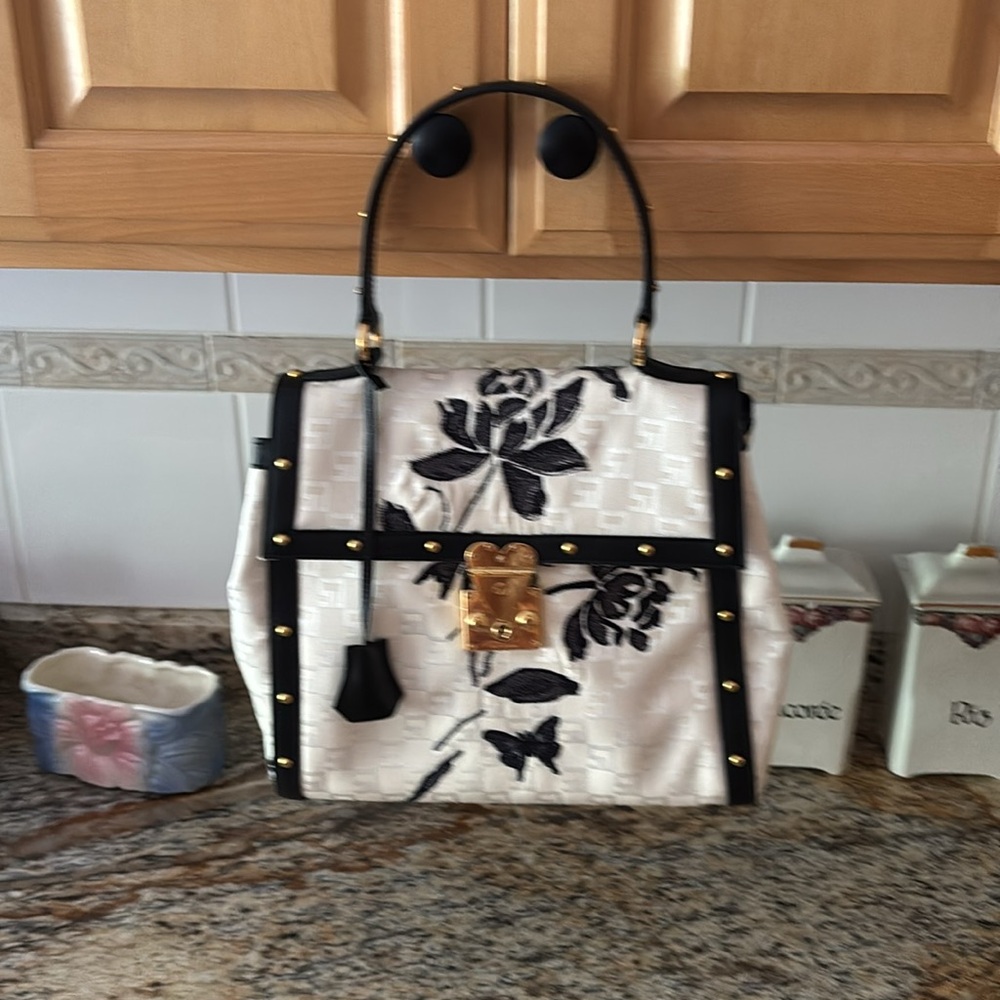 Elegant Black and White Floral Handbag